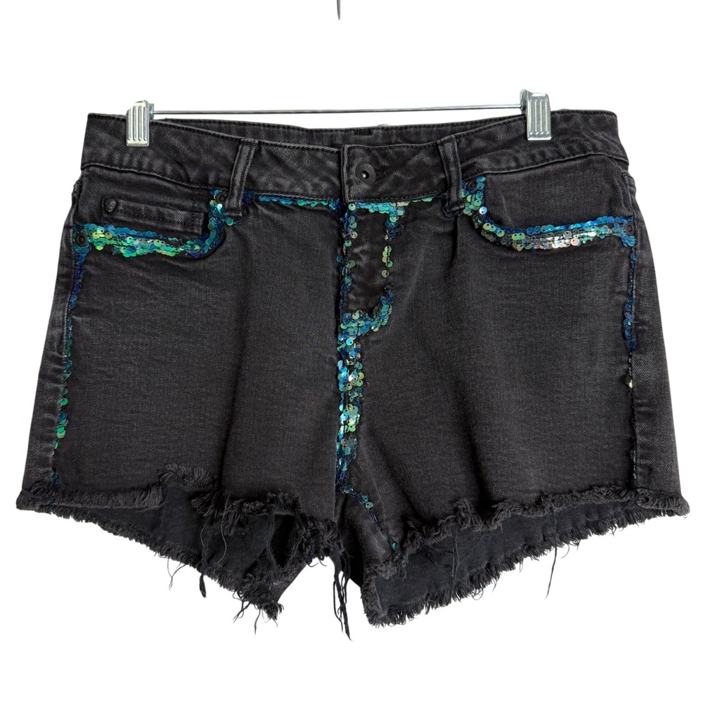 Hot Topic Black Heart Low Rise Shorts Womens 9 Sequin Cut Off Denim Club